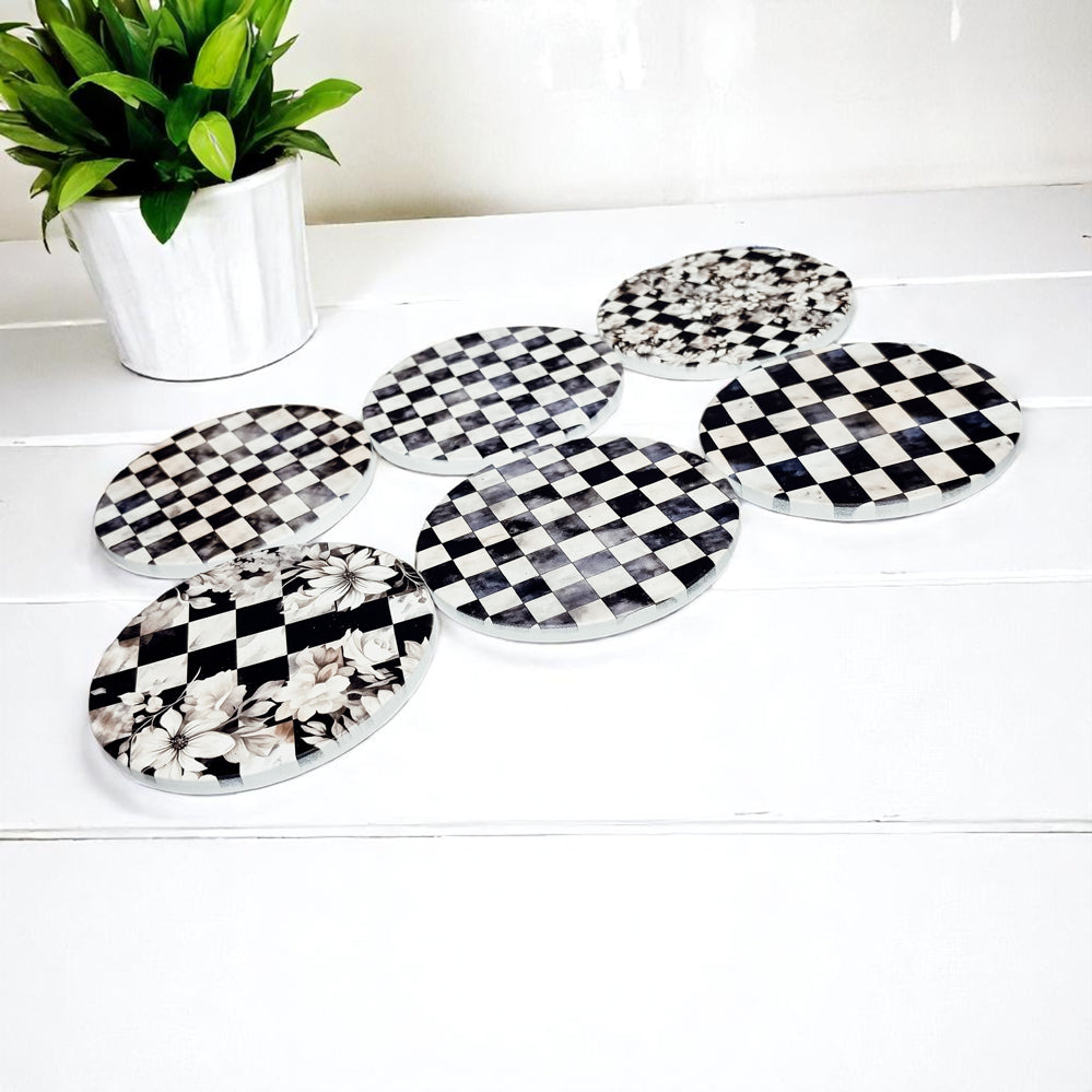 artisan ceramic coasters courtly check pattern luxury black white checkered floral design cork backing